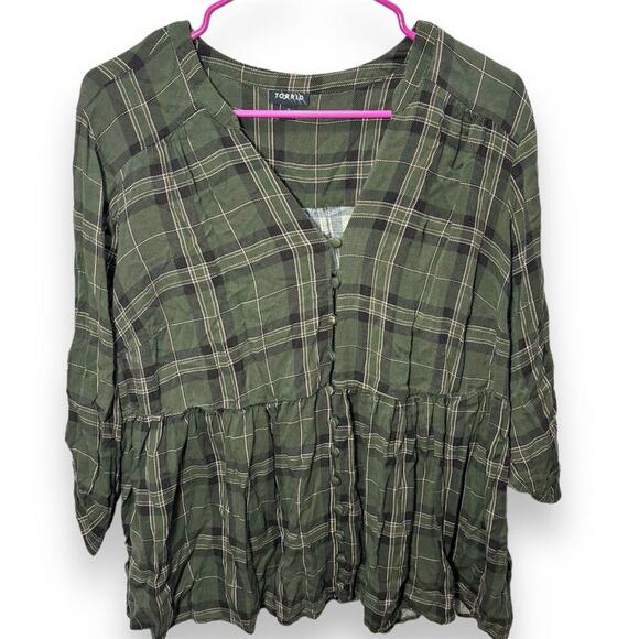 Torrid Plus Size Green Plaid V-Neck Babydoll Blouse Long Sleeve Casual Women - Picture 2 of 5
